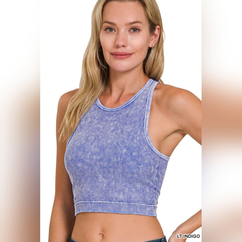 #889 ZENANA WASHED RIBBED SEAMLESS HIGH-NECK CROPPED TANK TOP W/ BRA PADS